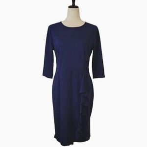Oxiuli Fashion Navy Blue Cascading Ruffle 3/4 Sleeve Sheath Dress Size L